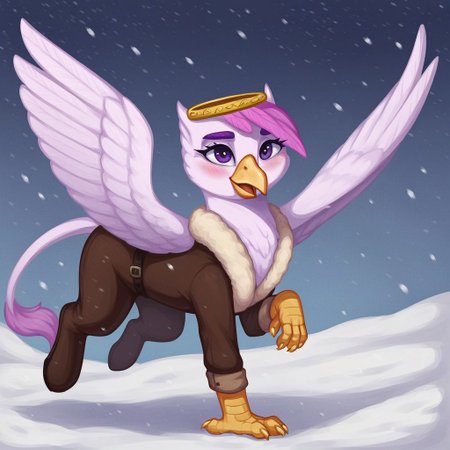 masterpiece, score_9_up, score_8_up, score_7_up, score_6_up, surace_furry, (best quality:1.1), ultra-detailed, high resolution, solo, Taillow Sumpfkiel, countess, griffon, avian, feral, female, ((beautiful detailed purple eyes)), long eyelashes, purple eyebrows, beak, smile, wings, tail, white feathers, feathery ears, (pink hair), yellow claws, anatomically correct, seductive look, modest gold crown, BREAK wearing a winter coat, dynamic pose, running, looking up, shy, blush, blushing, embarrassed, happy, laughing, hot breath BREAK  (background-winter forest, snow, day, snowing), (FULL BODY), close up view, detailed facial features, expressiveh, highly visible, sharp focus, detailed background