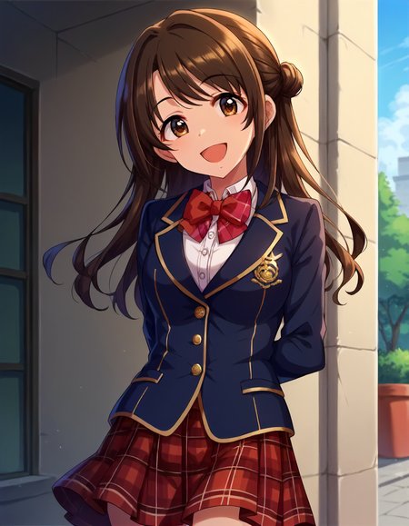 score_9,score_8_up,score_7_up,1girl,solo,cowboy shot,looking at viewer,smile,open mouth,arms behind back,outdoors,
<lora:shimamurauzuki_ponyXLV6:0.8>,cgsuz,
brown hair,long hair,single hair bun,brown eyes,
blazer,red bowtie,red plaid skirt