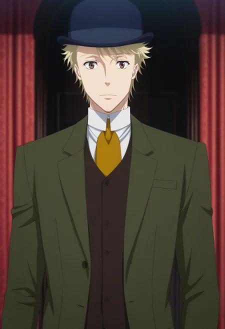 masterpiece, best quality, intricate details, anime screencap, anime coloring, official style, looking at viewer, 1boy, solo, male focus, <lora:john_h_watson_ilxl:1>, john_h_watson, blonde hair, brown eyes, short hair, hat, formal, necktie, suit,