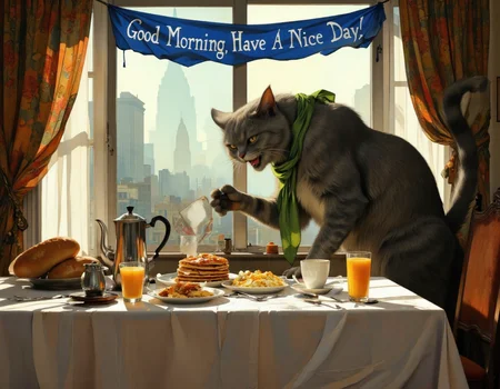 <lora:bear:1>, This image is a digital painting depicting a whimsical, surreal breakfast scene. The central figure is a large, anthropomorphic gray cat with a playful, mischievous expression, standing menacingly on the windowsill. The cat has a green scarf around its neck and is holding a coffee mug in its left paw. Its right paw is extended towards the table, as if reaching for something., 
The table, positioned in front of the window, is cluttered with breakfast items. On the left side, there are two loaves of bread, a coffee pot, and a teapot. In the middle, a stack of pancakes with syrup and a plate of scrambled eggs are arranged neatly. On the right side, there are two orange juices, one in a glass and the other in a mug. A white cloth is draped over the table, and a blue banner with the text "Good Morning, Have a Nice Day" hangs above the window., 
The background reveals a foggy, misty morning scene with a city skyline visible through the window. The colors are warm and inviting, with a mix of browns, greens, and oranges dominating the scene. The style of the painting is vibrant and expressive, with a touch of fantasy and whimsy.