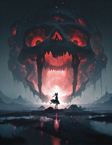 rella, rolua, negative space, cinematic shot, very awa, masterpiece, highres, absurdres, newest,  wide shot, ,slimes_skullwm,made of skulls,kaenbyou_rin_(cat), touhou, 1girl, pink_hair, red_eyes, solo,<lora:SlimesSkullWM:1> <lora:ponyv5_noobE11_1_adamW:0.7> <lora:illustrious_noobai_epsilon_pred_11_very_aesthetic_v1:0.7> ,