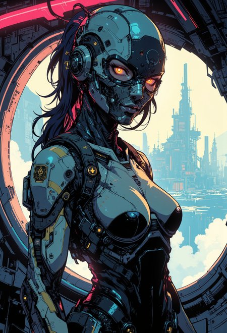 manga, anime, inksketch, vibrant digital illustration, A digital artwork in the style of cknc, upper body close up face shot of a mysterious cyberpunk wabi sabi woman looking at the viewer, direct eye contact. She wears a short, snugly fit cyber-catsuit made of reflective, metallic fabric that shimmers in the pale sunlight. her head is covered  by a mask with an air intake and futuristic gadgets—small sensors and antennas scanning the environment. Their eyes, visible, have a otherworldy glow, suggesting cybernetic enhancements.
standing outside at an outpost, looking at Artemis Station, where sleek, transparent walls stretch across the curved room, offering an uninterrupted window view of the dim lit night cold fog-covered cyberpunk cityscape world below. Through the thick fog, faint outlines of distant electric spire like towers can be seen, their lights flickering like fireflies in the mist, connected by electric lighting strikes.
S1n0z1ck style, A digital artwork in the style of bladerunner.
<lora:s1n0z1ck-flux-test-lora:0.3>  <lora:Anime v1.3:0.6>
<lora:ck-Sommo-Concept-Art:0.6>
<lora:ck-nc-pastel-cyberpunk:0.2>
<lora:ck-shadow-circuit:0.3>
<lora:ck-MetalGearSolid:0.45>