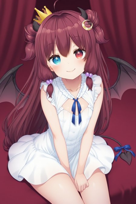 masterpiece, best quality, amazing quality, 

nijiroa, flat chest, heterochromia, red eye, blue eye, red hair, symbol pupils, heart in eyes, mini horns, demon wings, demon tail, tail ribbon, long hair, ahoge, double bun, low tied hair, crescent ornament, mini crown, nijiroacos, white dress, short dress, frilled dress, sleeveless, breast cut, neck ribbon, blue ribbon
