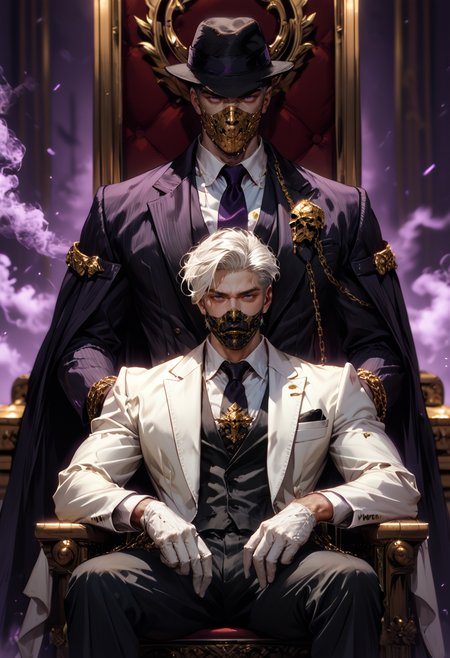 (score_9, score_8_up), score_7_up, 2boys, manly, tsurime, looking at viewer, serious, purple background, gold and purple theme, hand on hip, chains, fedora, white hair, muscular male, black hair, crew cut, arms crossed, hair slick back, short hair, sitting, standing, leg spread, throne, purple smoke, white gloves, necktie, black gloves, suit, gold chains, jewelry, white shirt, black vest, black pants, coat, gold mask, mouth mask, realistic, blurry background, depth of field, DOF, chaos, CINE, <lora:Mafia_Outfit:0.5> <lora:CINE-000012:0.4>
