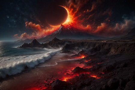 cinematic film still digital photograph, dslr, bokeh, professional photo, 4k, highly detailed, cinematic photo, photorealistic, starry night  crescent moon glowing red  ,  massive ocean waves  crashing against the shore BREAK cinematic film still digital photograph, dslr, bokeh, professional photo, 4k, highly detailed, cinematic photo, photorealistic, starry night  crescent moon glowing red  ,   an erupting detailed mountain volcano, spewing  smoke and lava BREAK cinematic film still digital photograph, dslr, bokeh, professional photo, 4k, highly detailed, cinematic photo, photorealistic, starry night  crescent moon glowing red  ,  lava and ocean mix exploding in steam and firey rock  <lora:add-detail-xl:1.5> <lora:ral-dissolve:1> . shallow depth of field, vignette, highly detailed, high budget Hollywood movie, bokeh, cinemascope, moody, epic, gorgeous, film grain, grainy
