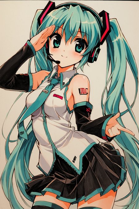 1girl,long hair,solo,hatsune miku,thighhighs,twintails,skirt,detached sleeves,very long hair,necktie,smile,aqua eyes,aqua hair,tattoo,shirt,black thighhighs,sleeveless,zettai ryouiki,black skirt,looking at viewer,headset,sleeveless shirt,hair ornament,pleated skirt,bare shoulders,aqua necktie,headphones,shoulder tattoo,white shirt,standing,black sleeves,miniskirt,salute,traditional media,<lora:shaa_XL:0.8>,