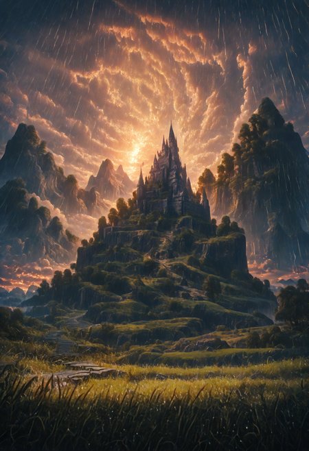 (from above:1.2), masterpiece, best quality,  stbedap, depth of field, scenery, outdoors, cloud, no humans, sky, cloudy sky, castle, grass, stairs, nature, sunset, rain, tree, mountain, Fantasy, atmospheric perspective,Landscape <lora:cfg_scale_boost:0.5> <lora:Fant5yP0ny:0.5> <lora:Nature_Realistic_illustrations-_Illustrious:0.7> <lora:S1_Dramatic_Lighting_v2:0.9>