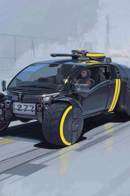 sydme1 painting 
of a futuristic, sleek, and aerodynamic hovercrafts. The hovercrafts, labeled with the number "27, " features a futuristic design with a streamlined body and advanced aerodynamic features. The vehicle is predominantly black with yellow accents, including a bright yellow stripe running along the side and a yellow rim around the front wheel. The cockpit area is enclosed with a large, curved windshield, and the body has a metallic sheen, suggesting advanced materials and technology. <lora:sydme6_cap_d6a3:1.0><lora:811017712714309223:0>