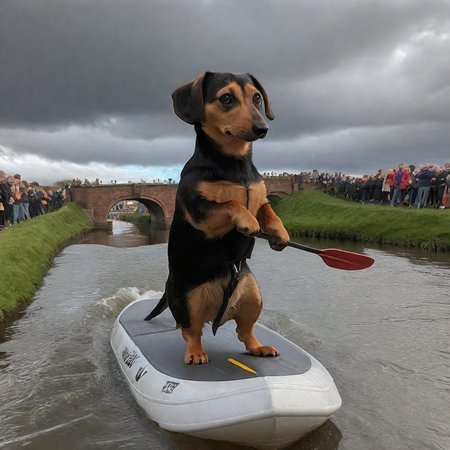 long shot scenic photo of an excited British crowd watch and take photos from afar as yunadogv2, a dachshund  standing on hindlegs on a body board is holding an oar looking very nervous is sailing down a canal in Cheshire England, in the background the British public watch and take pictures, grey sky, cloudy, comical, funny,  , depth of field, perfect lighting, best shadows, volumetric, perfect viewpoint, highly detailed, wide-angle lens, with dramatic sky,<lora:Yuna_dog_v3:1>,<lora:real-humans-PublicPrompts:1>, 3d fluffy, closeup cute and adorable, cute big circular reflective eyes, long fuzzy fur, Pixar render, unreal engine cinematic smooth, intricate detail, cinematic