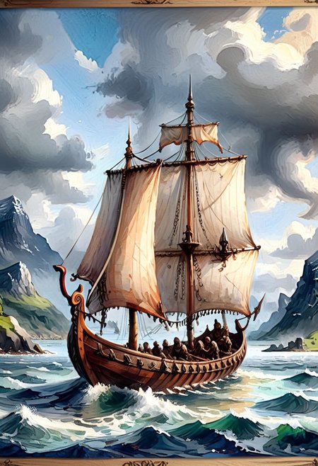 large Viking boat, oil painting , story board illustration, intricate details