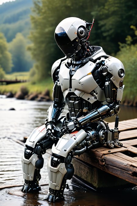 RAW photo of a <lora:madpunk:0.8> madpunk <lora:just_another_Cyborg_LoRa_SDXL:0.8> c1bo cyborg (Resting on elbows, relaxed charm) at a Wooden bridge over peaceful stream, super detail, ultra-realism, <lora:xl_more_art-full_v1:0.3>, <lora:pastel_colors_xl_v3:0.7>  ,  <lora:Faceless_Cyborgs:1> noface, cyborg <lora:quality1:1>