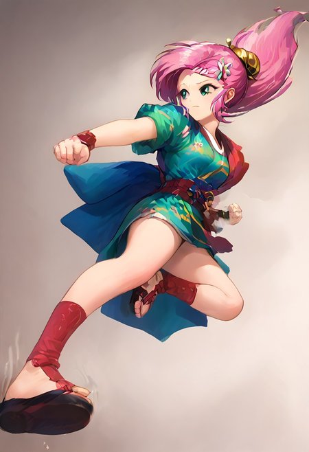 SFW, rating_all, score_10, score_8_up, score_7_up, Equestria girls, (((human))), 1female, (((solo))), (((Fluttershy) cosplaying) as Ayame), short hair, bangs, (pink hair), hair ornament, short sleeves, sidelocks, japanese clothes, kimono, hair bun, (aqua eyes), sash, obi, sandals, single hair bun, rope, hair stick, short kimono, platform footwear, ankle wrap, slender, jumping_kick, kicking, from below, detailed, vector, flat colors