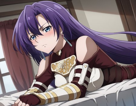 score_9, score_8_up, score_7_up, source_anime,
arthurpencilgon, <lora:arthur-pencilgon-ponyxl-lora-nochekaiser:1>,
arthur pencilgon, long hair, blue eyes, hair between eyes, very long hair, purple hair,
gloves, belt, armor, clothing cutout, breastplate, bare shoulders, earrings,
indoors, bed, bed room, on side, blush, drunk,
looking at viewer, dutch angle, cowboy shot,