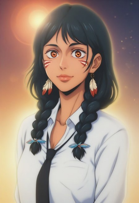 score_9, score_8_up, score_7_up, source_anime, intricate details, anime screencap, perfect balance, official art, extremely detailed CG unity 8k wallpaper, perfect lighting, Colorful, Warm_Front_face_Lighting, (masterpiece:1.0),(best_quality:1.0), ultra high res,4K,ultra-detailed, photography, 8K, HDR, highres, absurdres:1.2, Kodak portra 400, blurry background, bokeh, lens flare, (Anime) (vibrant_color:1.2), professional photograph, night, (cute_face:1.2), 2d, anime, upper body, intricate iris, American, Professional character design, 1girl, female focus, (Orange eyes), perfect eyes, (black-hair), Native American, Indigenous, American Indian, youthful, solo, jujutsu_kaisen_style, character portrait, (perfect-lighting), face, young, (Dark-black-hair), Long hair, (Native American), Indigenous, American Indian, (((wild eyes))), (Native North American), (Upturned eyes), (high cheekbones), (strong jawline), (Black Hair), ((((Native-American-Eagle-feather-braids, Native American Eagle feather accessories)))), (((wild eyes))) ((Bobbed Bangs)) (((Slanted-Eyes))) (Psycho) (Happy) (Friendly) (Goofy) (White Dress Shirt), (Warpaint), (Redwood Forest, Pacific Northwest Forests), (Inuit), (Tan skin), (Dark Skin), (Brown skin), (bobbed hair), White Eagle-Feather-Earrings, Thick Bangs, Bobbed hair, Bob-cut, White-Feather-Earrings, Brown-skin, Inuit Face-paint, Full-Bangs, Wide-Bangs, Thick-Hair, Native Face-paint, cleavage, (White Dress Shirt), (Black Suit Tie), Schizo, Psycho, Yandere