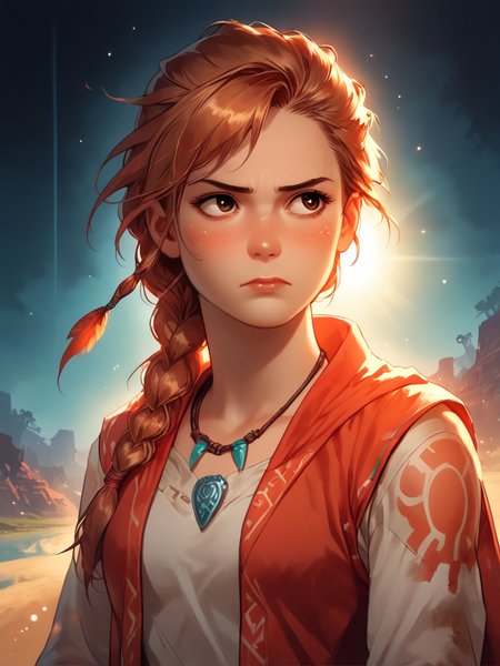 <lora:Space_sdxl:0.5>, score_9, score_8_up, score_7_up, 
landscape, shadows, synthwave, 
1girl, long hair, brown hair, single braid, annoyed, blushed, shy, brown eyes, look away, 
soft light skin, red vest, white shirt, long sleeves, blue skirt, 
light particles, lined lighting, in misty fog, dark fog background, 
pelt cape, shiny skin, beautiful face, cute and sexy, torches, dusk, 
tribal, tribal necklace, tribal bodypaint, dynamic angle, tilted angle, adorable, dirt, misty god-rays, teal and orange, textured skin, 
ImgFixerPre0.3, 
<lora:fshreln-xl-v2-32:0.7>, <lora:Fant5yP0ny:0.7>, <lora:ArielPonyXL_character:0.7>, 
<lora:perfection style:0.6>, 
<lora:Expressive_H-000001:0.7>, 
<lora:Lilandava_PDXL:0.6>, 
<lora:SDXLHighDetail_v5:0.6>, 
<lora:Smooth Anime Style LoRA XL>, <lora:20240205-1707134498512:0.7>, <lora:Flashfire_Glowing_Runes_PonyXL:0.5>,