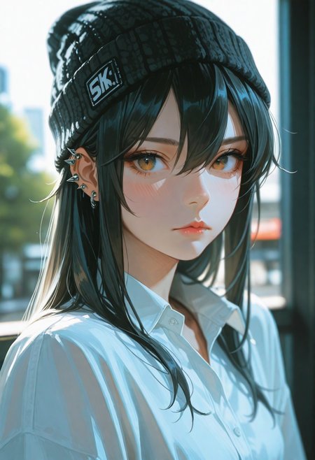 masterpiece, ultra-HD, cinematic lighting, photorealistic, impressionism (1.5), high detail, depth of field, (blurred background), (dramatic lighting),masterpiece, best quality, very aesthetic,8k,masterpiece, best quality,realistic, masterpiece, best quality, 8k, 
, simple_background, , 
, half close-up, sexy pose,
blushing, asian girl, small head, pretty girl, korean girl,
((slim body)), (small breasts), Dynamic angle, Dynamic pose, 
ear piercings, Nswf, , portrait,
, 
score_9,score_8_up,score_7_up, 1girl, alternate costume, beanie, black hair, black hat, brown eyes, collared shirt, earrings, hair between eyes, hat, long hair, looking at viewer, portrait,  shirt, sidelocks, solo, spiked ear piercing, spikes, , white shirt