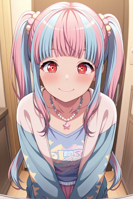 masterpiece, best quality, amazing quality,
 <lora:PAREO_IL:1> pareo, 1girl, pink hair, multicolored hair, jewelry, solo, twintails, smile, necklace, bangs, blush, blue hair, indoors, blunt bangs, long hair, star (symbol), jacket, red eyes, casual