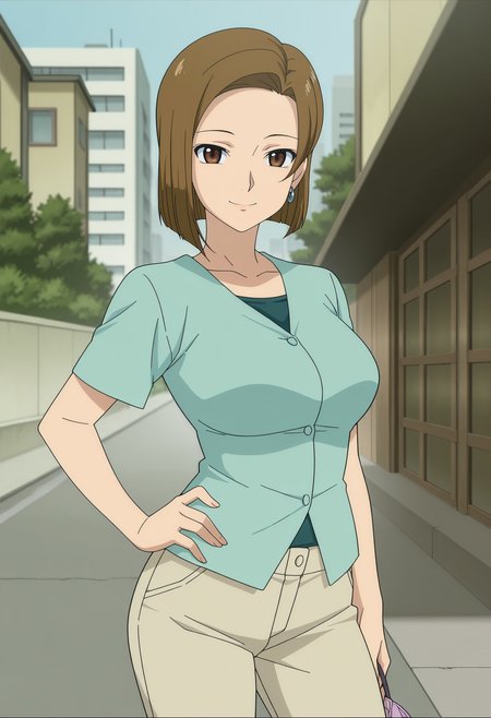 1girl,solo,Kinue,mature female,brown hair,short hair,brown eyes,earrings,anime coloring,
shirt,pants,cowboy shot, hand on own hip, looking at viewer, smile, outdoors, 
,masterpiece,best quality,amazing quality,<lora:Kinue_Crossroad-Mobile_Suit_Gundam_00:0.8>