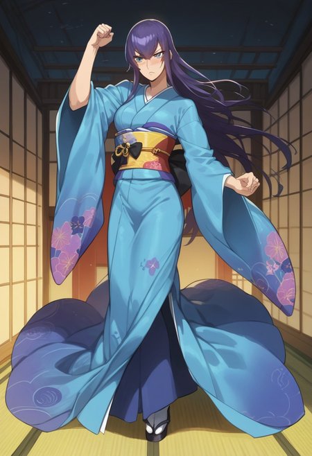 score_9, score_8_up, score_7_up, black bow tie, saeko_busujima, purple hair,  blue eyes, long hair, hair between eyes, japanese clothes, multicolored kimono, obi, sash, blue kimono, wide sleeves, fighter pose, serious eyes, blushing, full body shot