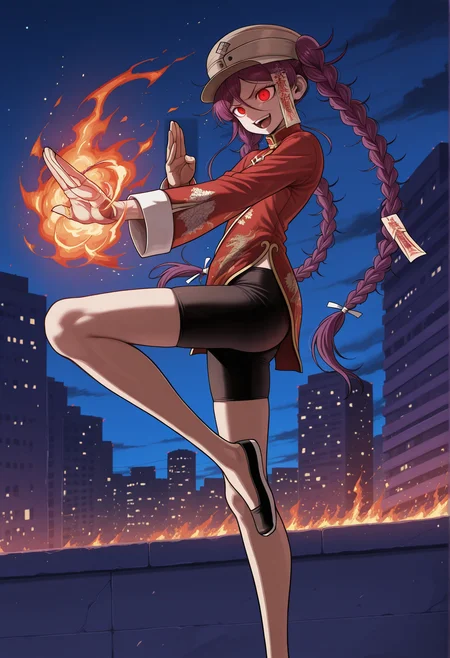 anime screenshot, anime coloring, 1girl, skinny, night, long hair, purple hair, red eyes, twin braids, talisman hair ornament, cap, chinese clothes, bike shorts, smile, open mouth, serious, casting spell, fire magic, outdoors, city, fighting stance, kung fu, on one leg  <lora:Lanlan_Fang_Fatetype_redline:1>  <lora:danganronpa:1>, masterpiece, best quality, amazing quality, very aesthetic, absurdres, highres, newest