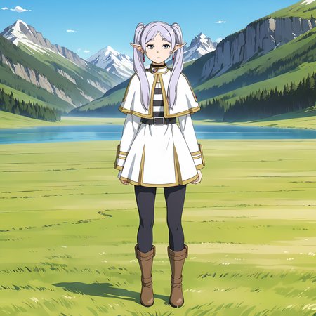 <lora:FrierenXL004>,<lora:DetailedEyes_V3:1.6>,
solo,
anime screencap,
best quality,masterpiece,
Frieren,1girl,light purple hair,twintails,multicolored eyes,earrings,
capelet,jacket,striped shirt,
belt,skirt,
pantyhose,
brown boots,
full body,standing,
grassland,sky,wind,nature,mountain,lake,