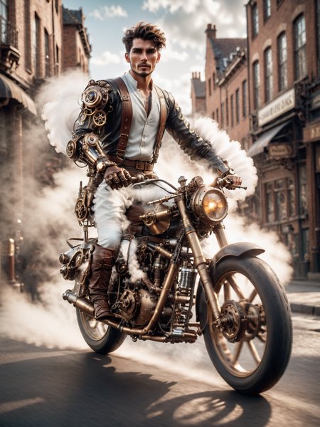 man driving a motorbike, steampunk clothing, mad-mecharm, steam, grease, motion blur, cinematic shot, dramatic lighting, masterpiece, best quality, ultra high res, (photorealistic, realistic:1.2), deep shadow, raw photo, film grain, Fujifilm XT3, 8k uhd, dslr)