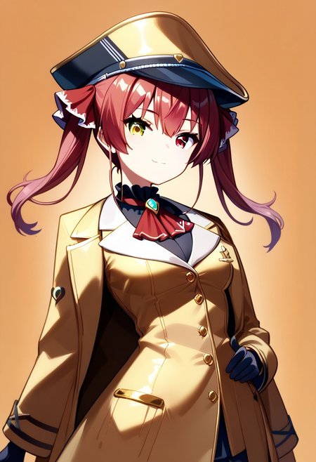 score_9, score_8_up, score_7_up, super aesthetic, rating:safe, rating:general, DeaverStyle, 1girl, solo, aua, red eyes, yellow eyes, heterochromia,  gold clothing, gold hat, fully-clothed, gloves, big coat, illustration, gold, cute, shiny skin, vivid colors, treasure room, gold treasure,