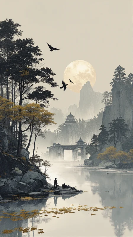 The moon goes down, crows caw in the frosty sky,
By maples and boat lights, I lie with sorrow high.
Outside Gusu City, from Cold Mountain Temple,
The midnight bell tolls, reaching my lonely vessel