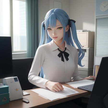 score_9, score_8, score_7, anime style, anime, (masterpiece:1.2, best quality:1.2), ((ultra-detailed)), best anatomy, togawa sakiko, long hair, blue hair, yellow eyes, black ribbon, hair ribbon, two side up, bangs,  messyjapaneseoff1ce, office interior, indoors, office, doing_customer_assistant_work, in front of computer,