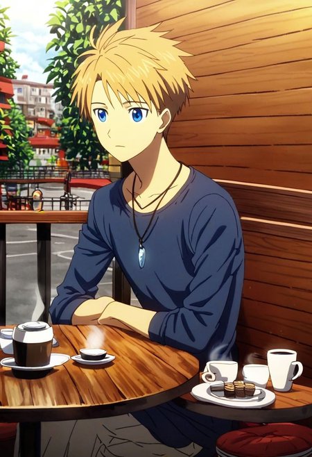 high resolution, solo, best quality, 1Boy, Yamato Ishida, Blond Hair, Blue Eyes, Necklace, cafe, corner, sit, casual, coffee, waiting, wide mirror, outside view, OverallDetail