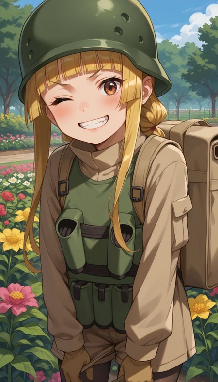 score_9, score_8_up, score_7_up, score_6_up,
 <lora:Fukaziroth:1> fukaziroh_(sao) , fukaziroh_(sao) , 1girl, blonde hair, one eye closed, brown eyes,  helmet, smile, backpack, long hair, simple background, looking at viewer, brown gloves, teeth, grin, long sleeves, bag, blunt bangs, pantyhose, v-shaped eyebrows, blush, shorts, mouth pull, leaning forward, jacket, outdoor, garden, flower field