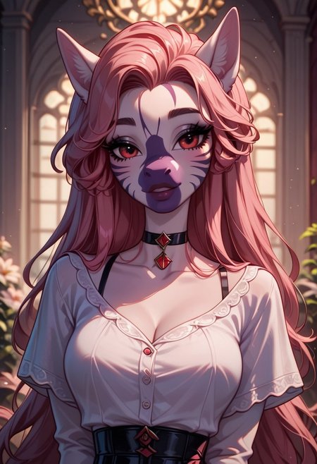 masterpiece, best quality, very detailed, score_9, score_8_up, score_7_up, score_6_up, natural hair color, solo, 18 years old,  1woman, solo, long hair, pink hair, black choker, green eyes, eyeliner, gorgeous lips, cinematic, gorgeous lips, (masterpiece), (best quality), (ultra-detailed), very aesthetic, illustration, perfect composition, intricate details, absurdres, detailed face, (anime, masterpiece, intricate:1.3), (best quality, hires textures, high detail:1.2), (4k),(incredibly detailed:1.4) greyscale, black schoolgirl uniform with red, white hair pigtails with bows, red eyes, dark erie room, ambient lighting
Expressive, Vintage, 1990s \(style\)
(anthro female zebra: 1.2), <lora:Anthro_Fox_Zebra_for_Pony:0.6>,
 <lora:princess_xl_v2:0.75>
<lora:OldAnimeStyle_XL_v3:0.5>
<lora:Expressive_H:1>