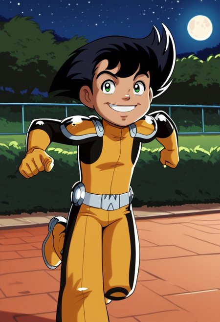 score_9, score_8_up, score_7_up, highly detailed, CuteCartoonStyle, cute boy, 1boy, solo,  Tony_Clark, Black Hair, Green Eyes, Dark Skin, Yellow Bodysuit, Yellow Gloves, Yellow Pauldrons, Yellow Boots, Belt,  at night, full moon, running, motion blur, smug smile, park
DSCStyle, round eyes, exaggerated proportions, cartoonish features, anime-inspired, cute aesthetics, cartoonish proportions, highlights,smooth lines, glossy highlights, minimal detail, clean outlines, consistent line weight, gentle highlights