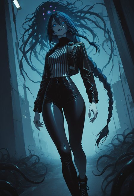 LDSCH Style, aesthetic, , p1n04rtstyl3,pinoartstyle,pino art style, LeIsT0_illu, masterpiece, best quality, masterpiece \\\\(quality\\\\), depth of field, cinematic, shadow, chromatic aberration, 
1woman, solo, dark blue hair, ((hair in long single braid)), (((very long braid))), blue eyes, pale skin, parted lips, ((slim body)), fit slim, (small breasts), dynamic angle, portrait, thick thighs, skinny body, narrow waist
Wearing leather jacket, (((striped crop top))), wearing skinny jeans, tight jeans, wearing black converse sneakers
Walking down a dark ally, very heavy fog, misty Street, Street lamp, dark humanoid silhouettes in the fog, Erie feeling, horror theme
fflix-shadows, Shadow humans in the fog, tentacle people in the fog, Shadow tentacles, CR33P1NGF0G, fog, fog, dark, night, haze, eldritch_abomination, monster in the fog, monster in the haze, partially obscured monster, horror_(theme)