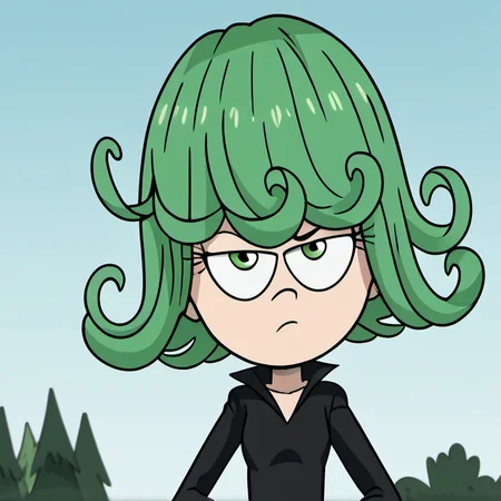 1girl, solo, loudstyle, the loud house, green hair, curly hair, tatsumaki, black dress, green eyes, sky, <lora:loudstyle-000004:1>, <lora:Tatsumaki_One_Punch_Man_-_PDXL:1>,