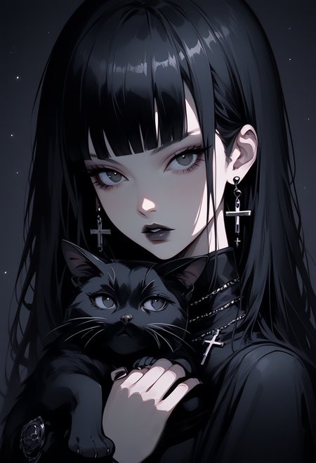 score_9, score_8_up, score_7_up, Goth girl, goth girl 1girl, 1girl,solo,long hair,looking at viewer,bangs,black hair,holding,jewelry,upper body,earrings,parted lips,blunt bangs,nail polish,black eyes,animal,cat,cross,portrait,black nails,dark,black cat,holding animal,cross earrings,black theme, <lora:add-detail-xl:0.4> , <lora:[GP] somethingweird [Pony XL]:0.2>, <lora:g0th1cPXL:0.3>,  <lora:Goth_girl_XL-v2:0.8> ,<lora:st4t1ctvXLP:0.8>