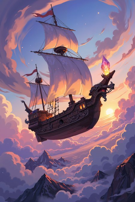 a majestic, otherworldly ship sailing through a sky filled with vibrant, multicolored clouds. The ship itself is crafted from dark, polished wood, with sails made of shimmering, translucent fabric that glows faintly in the soft, ethereal light. The hull is adorned with intricate carvings of mythical creatures, and at the bow, a large, glowing crystal juts out, guiding the vessel through the sky. The ship is surrounded by swirling clouds, their hues ranging from deep purples and blues to bright oranges and pinks, creating a surreal and dreamlike backdrop. Below the ship, distant mountain peaks poke through the sea of clouds, illuminated by the last light of a setting sun. The atmosphere is one of peaceful wonder, with the ship sailing silently and gracefully through the boundless sky. The level of detail in the wood grain, the glowing sails, and the swirling clouds make the scene feel both realistic and fantastical, as if the ship is a relic from a long-lost era. , detailed background  Fantastic lighting. Detailed shadows.intricate details, vivid colors, hyper-detailed, ultra-sharp, , <lora:XRSTYLE_FLUX:0.5><lora:RetroAnimeFluxV1:0.4><lora:MoriiMee_Gothic_Niji_Style_FLUX:0.3>