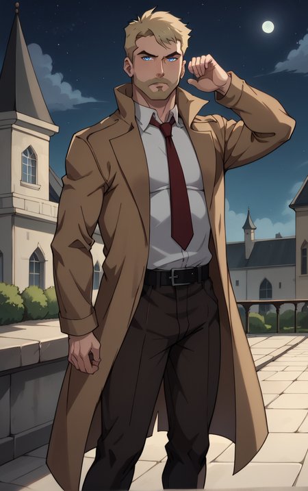 score_9, score_8_up, score_7_up, looking at viewer,  BREAK
DCAU_JL_JohnConstantine_ownwaifu, 
1boy, blonde hair, blue eyes, male focus, short hair, facial hair, mustache, 
red necktie, trench coat, white shirt, collared shirt, open coat, brown coat, belt, pants, coat, long sleeves, beard, brown jacket, formal, brown pants, popped collar, black belt, long coat
(standing, ojou-sama pose), gothic cathedral in background, night sky, moonlight, bokeh, outdoors, <lora:PONYXL_DCAU_JL_JohnConstantine_ownwaifu:0.7>, depth of field, solo, Interesting Image, Captivating Image,