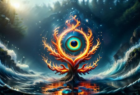 Harmonious fusion of elements, earth air fire earth and ether combined in a pentagonal shape in seamless integration, earth grounding and stable, water flowing and fluid, air swirling and free, fire vibrant and warm, united in perfect balance, elements intertwining gracefully, serene and dynamic, vibrant flames, coexistence of contrasts, nature's optimal quality, synergy of forces, essence of unity, balanced natural forces, peaceful coexistence, elemental harmony, timeless and eternal, highly detailed, masterpiece, 32k, UHD quality, pentangle, all of this inside the big cyclopic eye