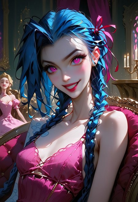 zPDXL3, ((masterpiece)), ((best quality)), 8k, high detailed, ultra-detailed, highres, intricate details, depth of field, bokeh, LP_jinx, blue hair, twin braids, pink eyes, 20 years old, detailed, perfecteyes, fit, small breasts, g0thicPXL, glowing, neon, Expressiveh, ArawAraw, smile, closed mouth, pink camisole dress, sitting, hair ribbon, upper body, looking at viewer, cafe, (antique style interior:1.2), (vintage style interior:1.2), antique chair, sculptural molding, european architecture, candlelight, dim light,