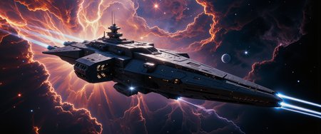 highly detailed dark sci-fi digital painting, epic composition, a colossal, ominous battleship drifts through the cosmic void, its angular silhouette framed against the vibrant, swirling hues of an expansive galactic nebula illuminated by newly formed stars, the battleshipâs intricate design showcases massive laser turrets and powerful engines trailing light, contrasting against a backdrop of dense, colorful gas clouds and distant stars scattered across the vastness of space, the nebula's radiant glow reflects subtly off the metallic, angular hull, casting soft glints and highlighting the shipâs intricate armor plating, which merges elegance with lethality, faint cosmic dust and ethereal nebular tendrils fill the void, lending an otherworldly atmosphere, the battleship dominates the frame, exuding cosmic power and technological might, its sharply angled armor plates give a fierce, imposing look, with massive cannon turrets lined along the hull, casting long, powerful shadows that enhance its formidable presence, the wide-angle, cinematic shot accentuates the battleshipâs massive scale, emphasizing its stark contrast to the colorful nebula, an ethereal, diffused glow emanates from the nebula, casting harsh shadows across the armor plates, while faint blue and purple highlights create a spectral sheen on the metal, shot in high-resolution digital, rich with intricate details, deep, muted colors with high contrast emphasize deep blacks, vibrant nebula hues, and metallic grays, delicate, smooth brushstrokes mimic the flowing nature of the nebula, evoking a timeless grandeur, deep rich colors, color contrast, cinematic, dramatic dutch angle, style of alena aenami, aidmamj6.1, <lora:james_webb_space_telescope-flux-by_motimalu:0.52> <lora:epic_gorgeous_details-balance-flux-by_flyway:0.4> <lora:style-fantastic_landscapes-flux-by_artifyai:0.48> <lora:midjourney_61-v0.3-flux-by_aidma:0.52>