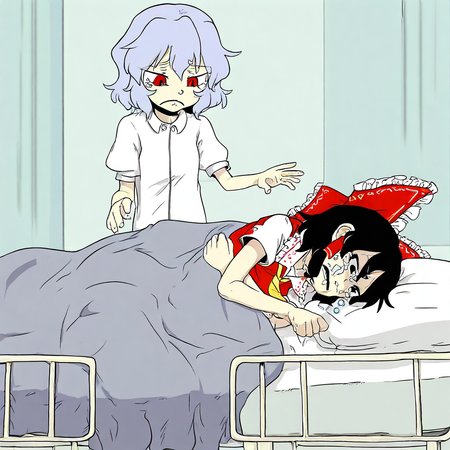 masterpiece, best quality, absurdres, lo_su_qu, 2girls, female focus, hakurei reimu,standing, frown, looking down, remilia scarlet, lying, on side, on bed, crying, under covers, hospital bed,