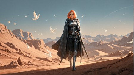 Stabitha_Strangula, 1girl, (style of Sabbas Peter Polach, Apterus, Dark Surrealism, Monochrome Illustrations, Macabre Themes, Haunting Figures, Ink Detailing:0.9) BREAK (anime concept art, style of Loish, style of Ross Tran, fcPortrait, illustrated, highly detailed, fantasy art, digital painting, concept art, matte painting, cinematic:1.5), solo female rogue, walking down a desert deep ravine, sun-baked rocky cliffs towering on either side (desert ravine:1.2), rugged sandstone formations, narrow pathway with jagged rocks (rocks:0.8), shadows from cliffs casting long dark lines across the ground (shadows:1), worn leather armor with intricate patterns, daggers strapped to her belt glinting in the sunlight (leather armor:1.3), cloak billowing slightly in the dry wind (cloak:1), intense gaze scanning the surroundings, one hand resting on the hilt of a dagger, tattered map tucked into her belt (map:0.8), fine dust trailing behind her with each step (dust:1), distant vultures circling overhead (vultures:0.7), sunlight casting harsh highlights on her weathered face, desert landscape barren and unforgiving, occasional scattered rocks (environment:0.9), high noon sun burning down from a clear blue sky (sky:1), dramatic lighting emphasizing the contrast between light and shadow in the ravine (lighting:1.2), subtle tension in her posture, ready for an ambush (tension:1), heat haze shimmering in the distance (heat haze:0.8)