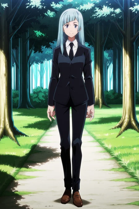 anime screencap, anime coloring, detailed face, masterpiece, best quality, very aesthetic, absurdres, volumetric lighting, official style, amazing quality, ultra detailed,  highres, amazing quality, scenery, beautiful detailed hair, beautiful detailed eyes, defined fingers, five fingers, lazyhand, lazypos
<lora:StS-Illustrious-Detail-Slider-v1.0:4>
outdoors, trees,
 <lora:Kasumi_Miwa_Jujutsu_Kaisen:1>
Kasumi Miwa (character), 1girl, suit, black suit, formal, collared shirt, black necktie, necktie, solo, purple eyes, pants, bangs, long hair, brown footwear, light blue hair, smile, looking at the viewer,