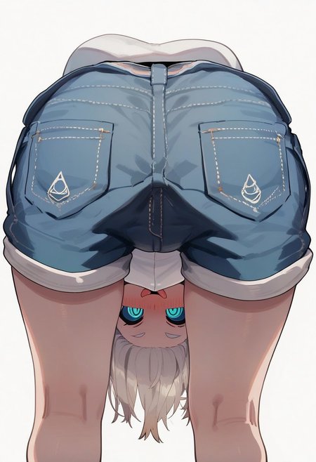 PonyScores7, score_9, score_8_up, score_7_up, Score_6_up, Score_5_up, Score_4_up,  source_anime, hi res, masterpiece, best quality, detailed, amazing quality, detailed background, detailed eyes, clean eyes, best quality, highres, Brittle_PS, 1girl, solo, blush, tongue out, leaning forward, blouse, short shorts, simple background, white background, looking at viewer, close up:0.4, detailed