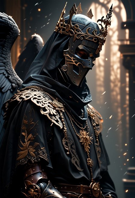 (score_9, score_8_up), score_7_up, 1girl, Highly detailed RAW color Photo, dress, crown, helmet, side view, holding, weapon, greyscale, indoors, cape, armor, helmet, shoulder armor, gauntlets, pauldrons, mask, dark, hood, full armor, helm, wings, feathered wings, simple background, grey background, gorgeous details, depth perception, backlighting, photorealistic, robot, helm, breathtaking scenery, shiny metallic texture, perfectly rendered reflections,
dark lighting, dof, depth of field, realistic, dark background, CINE, embers,
<lora:unholy-000009:0.8> <lora:CINE-000008:0.4><lora:- SDXL - vanta-black_contrast_V3.0:0.7>
<lora:sinfully_stylish_SDKL:0.5>  <lora:GwentStyle_v2:0.4>  <lora:xl_more_art-full_v1:0.4>