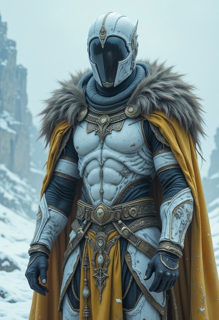 Illustration, Comic Book Style, Magic style, 
full body closeup, futuristic mysterious muscular buff male character standing against a snowy backdrop, The character wearing ornate tech armor made out of white obsidian with intricate gold detailing and a fur collar, and a gold yellow long cape, The armor predominantly white and black, high-ranking and royal status, The character's head is visible, cool black glass futuristic helmet, enigmatic presence, The helmet matches the armor, maintaining the color scheme of black obsidian, white, and gold, atmosphere should be serene yet powerful, capturing the essence of a lone warrior in a harsh winter landscape,
