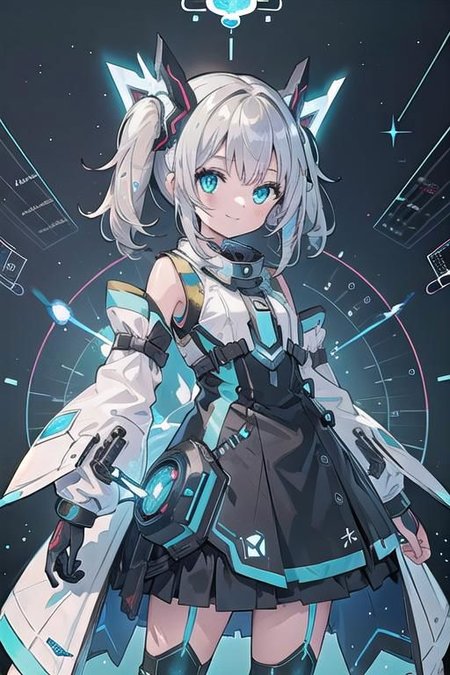 (masterpiece), (science fiction:1.4), 1girl, standing, smile, silver hair, aqua eyes, headgear, long sleeves, detached sleeves, glowing energy clothing, light particles