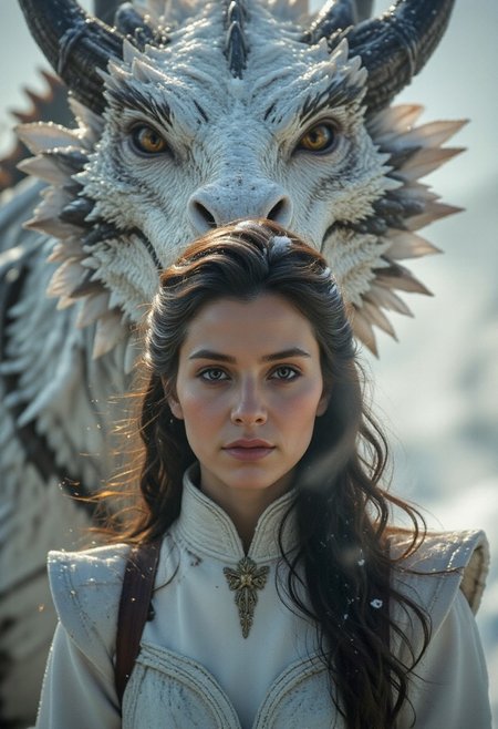 Her eyes, framed by thick lashes and brows shaped by the wind, gleam with calm determination, and her slightly parted lips shimmer with a hint of moisture from the cold air. Fine snow particles swirl around her, sparkling in the warm backlight like tiny stars. The camera, positioned slightly below eye level, emphasizes her quiet strength and mystique. Behind her—massive and half-shrouded in shallow depth—looms a white dragon. Its body is covered in thick, overlapping scales like cracked porcelain, matte in some areas and faintly iridescent in others. Along its spine and wings, the white gives way to charcoal-gray ridges and darker, mineral-like plates, as if its back had been forged from obsidian veins beneath glacier ice. The contrast gives the creature an ancient, elemental look. Its wings are folded close, massive and leathery, with a thin membrane that glows faintly where the sun filters through. Steam rises gently from its nostrils with each breath, curling upward and catching the light. Its head, regal and angular, carries scars of age and battle—faint grooves and rough textures etched across its jaw and brow. Its eyes are deep-set and amber-gold, with vertical pupils that glint with intelligence, locked on the woman not in aggression, but in quiet recognition. Snow clings to its horns and the edges of its wings, melting slowly from the creature’s warm body. ajnatubli