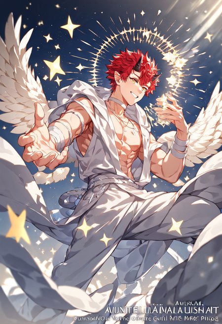 <lora:Expressive_H:1>,Red hair,horns,<lora:ShutenParadiso_Guardian:1>,from_below,foreshortening,muscular male,(sunlight),(angel),dynamic angle, floating, wing, halo, floating white silk,(Holy Light),silver stars,uchikake,, 1boy, male focus, character name, series name,best quality, amazing quality, best aesthetic, absurdres,score_9,score_8_up,score_7_up,